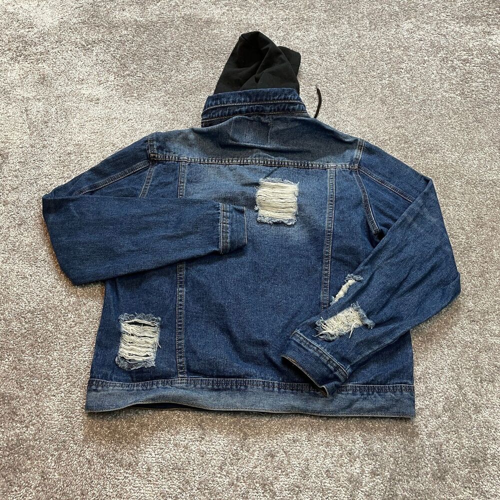 Rue 21 Jean Jacket Womens Small Blue Denim Distressed Dark Wash Black Hooded - Picture 2 of 11